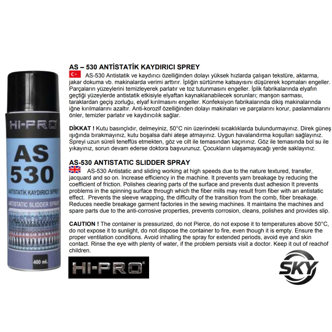 AS-530 Antistatik Kaydırıcı Sprey 400 ml.