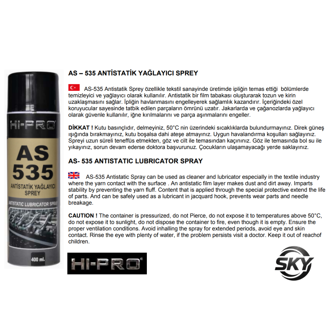 AS-535 Antistatik Yağlayıcı Sprey 400 ml.