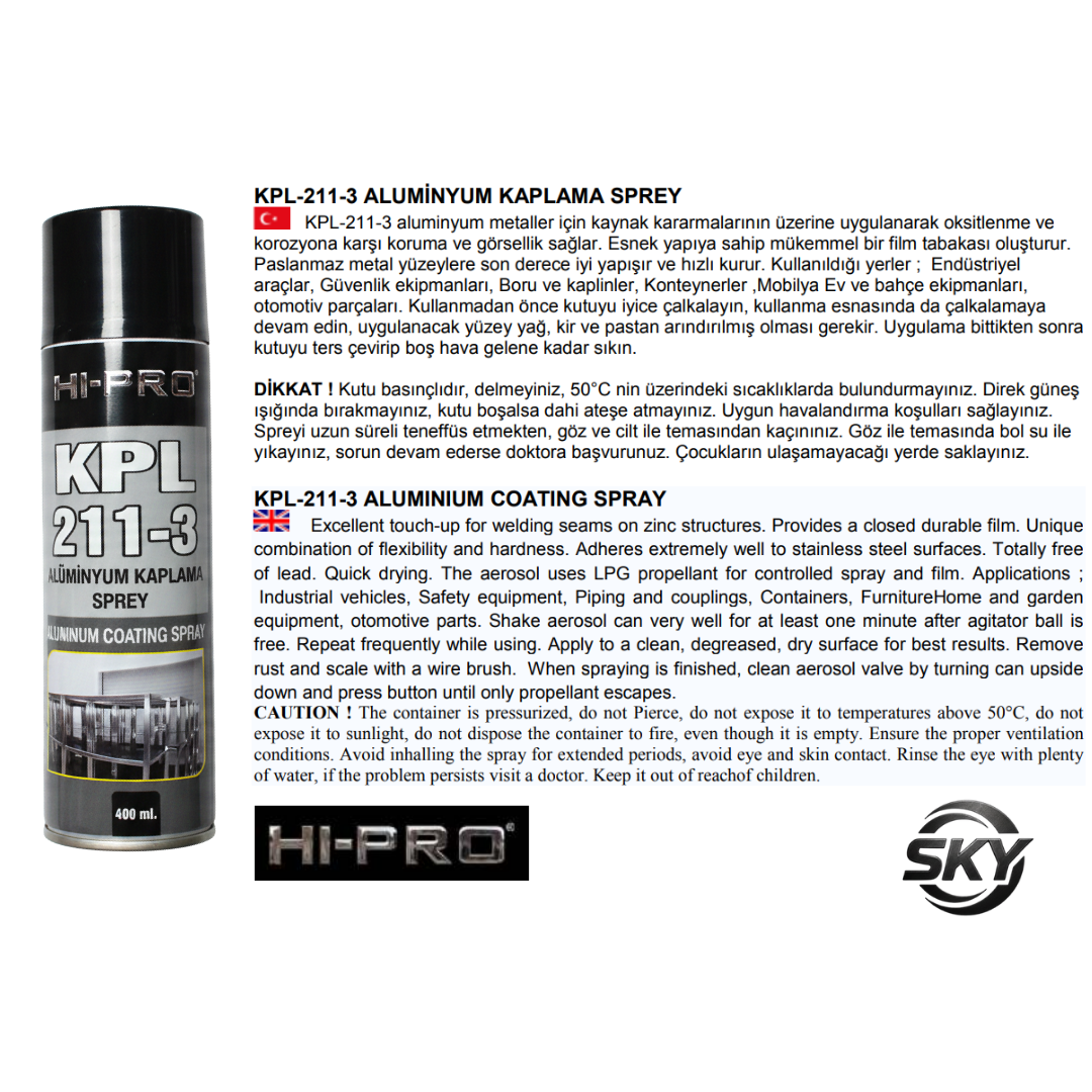 KPL-211-3 Alüminyum Kaplama Sprey 400 ml.