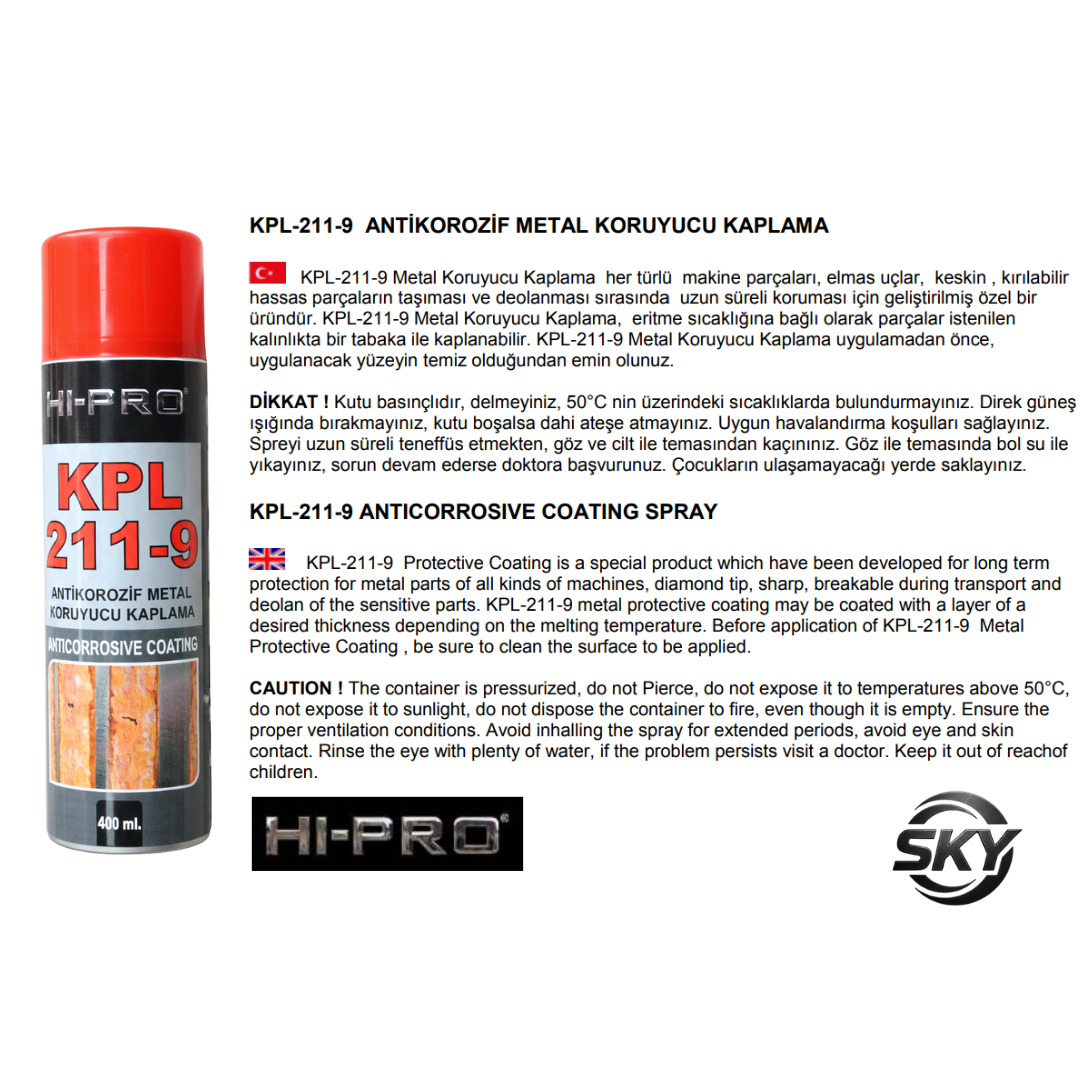 KPL-211-9 Antikorozif Metal Koruyucu Kaplama Sprey 400 ml.