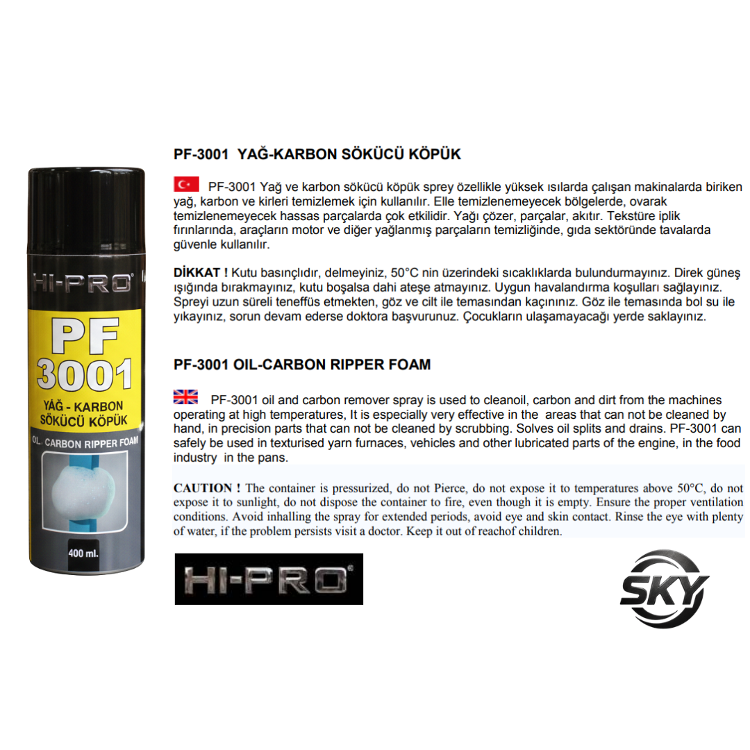 PF-3001 Yağ-Karbon Sökücü Köpük Sprey 400 ml.