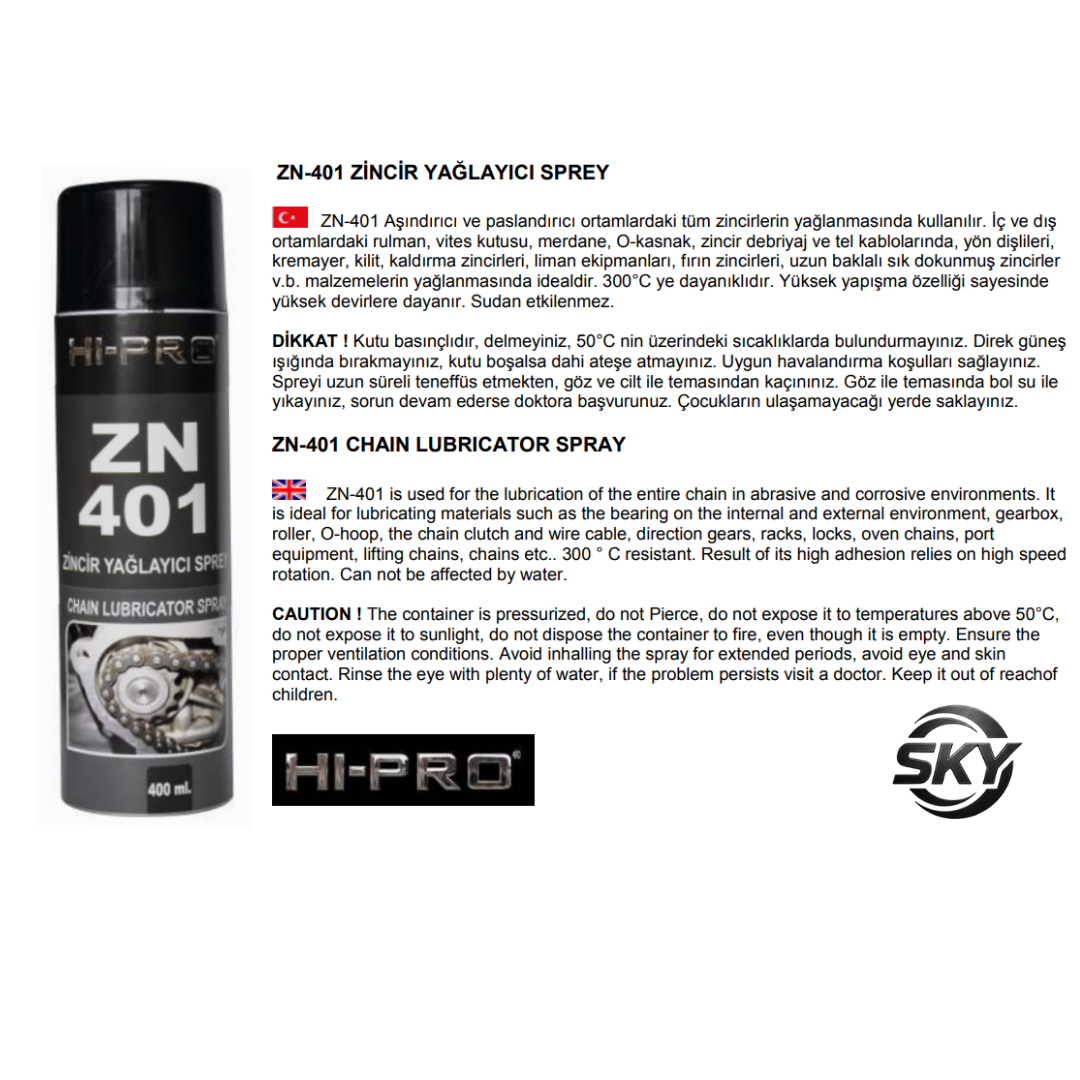 ZN-401 Zincir Yağlayıcı Sprey 400 ml.