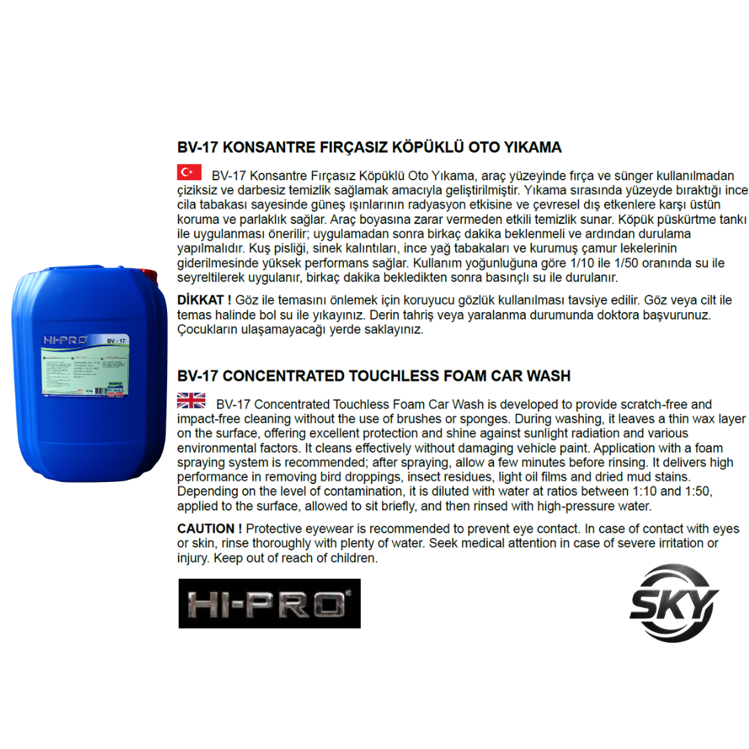 BV-17 Konsantre Fırçasız Köpüklü Oto Yıkama 20 Kg.