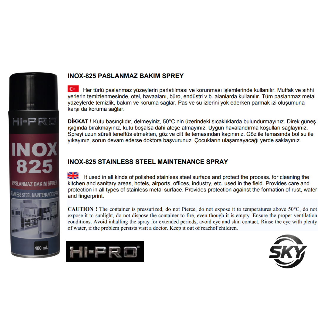 INOX-825 Paslanmaz Parlatıcı Bakım Sprey 400 ml.