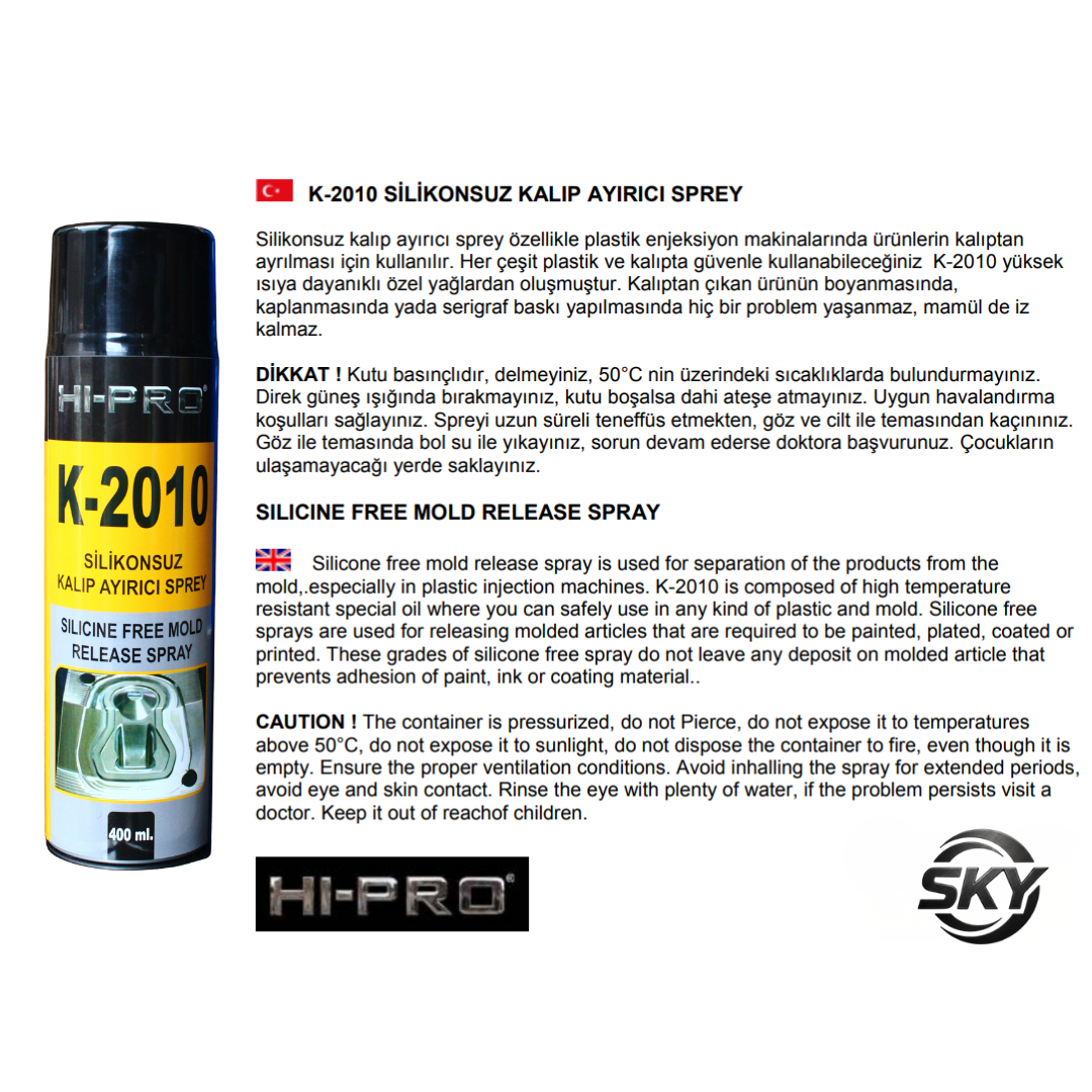 K-2010 Silikonsuz Kalıp Ayırıcı Sprey - Yanmaz 400 ml.
