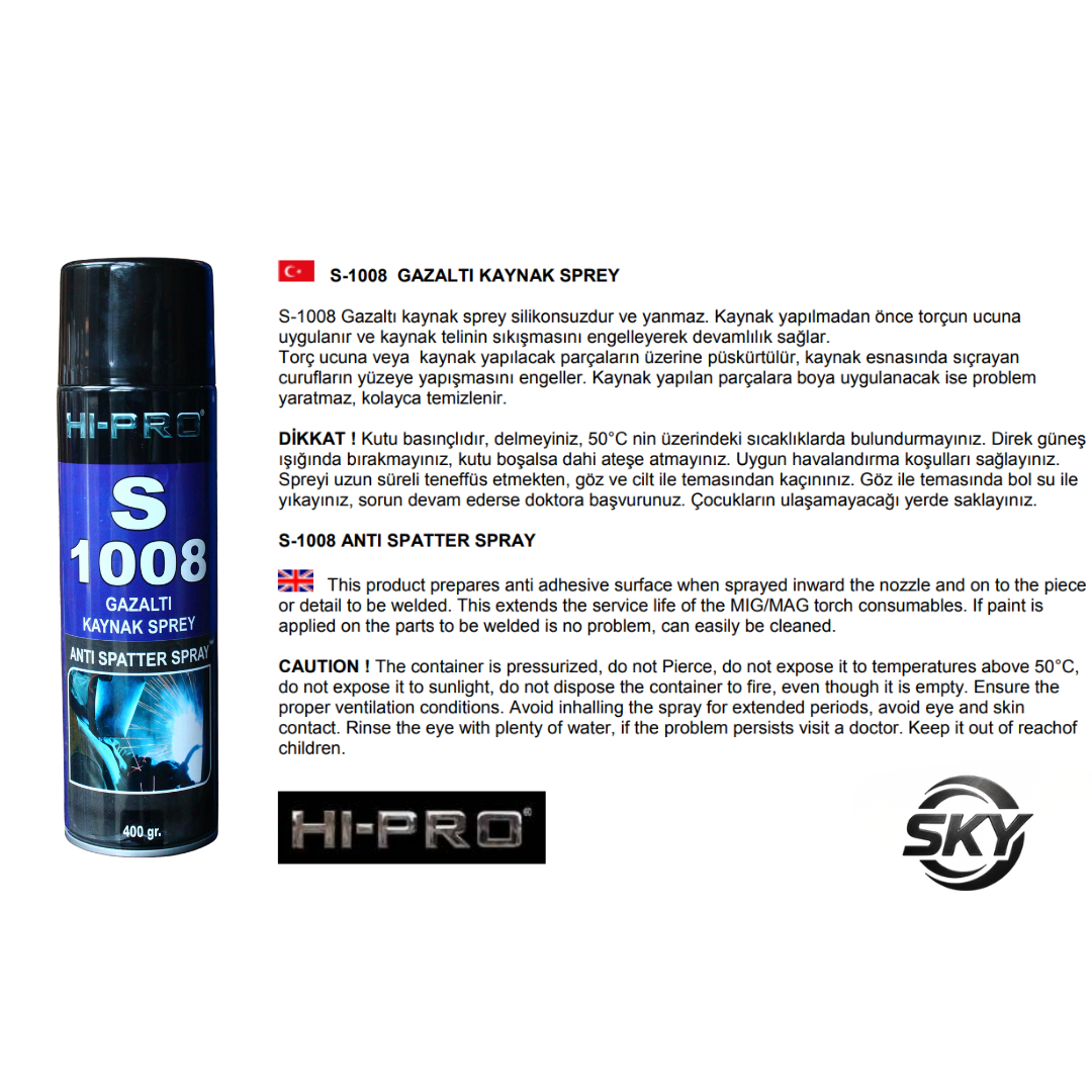 S-1008 Silikonsuz Gazaltı Kaynak Sprey - Yanmaz 400 gr.